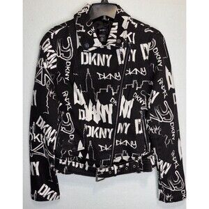 Vintage DKNY Size L Graffiti Moto Canvas Jacket Logo Skyline Black Zip Sleeves